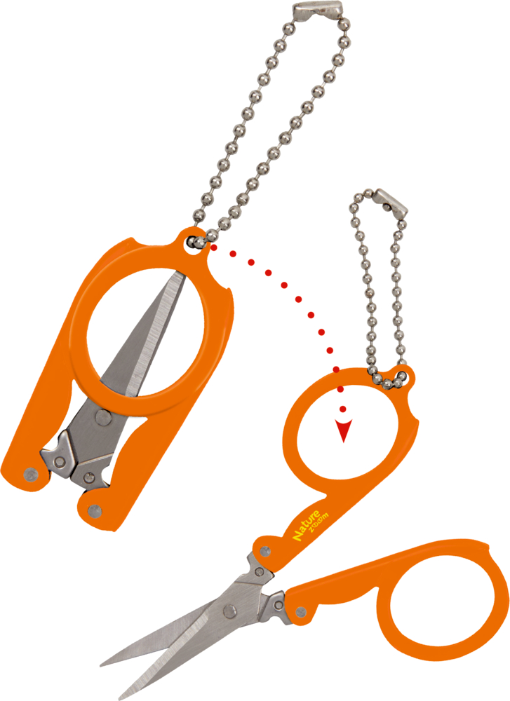 Klappschere mit orangefarbenem Griff und Schlüsselanhänger, sowohl im geöffneten als auch im geschlossenen Zustand.
