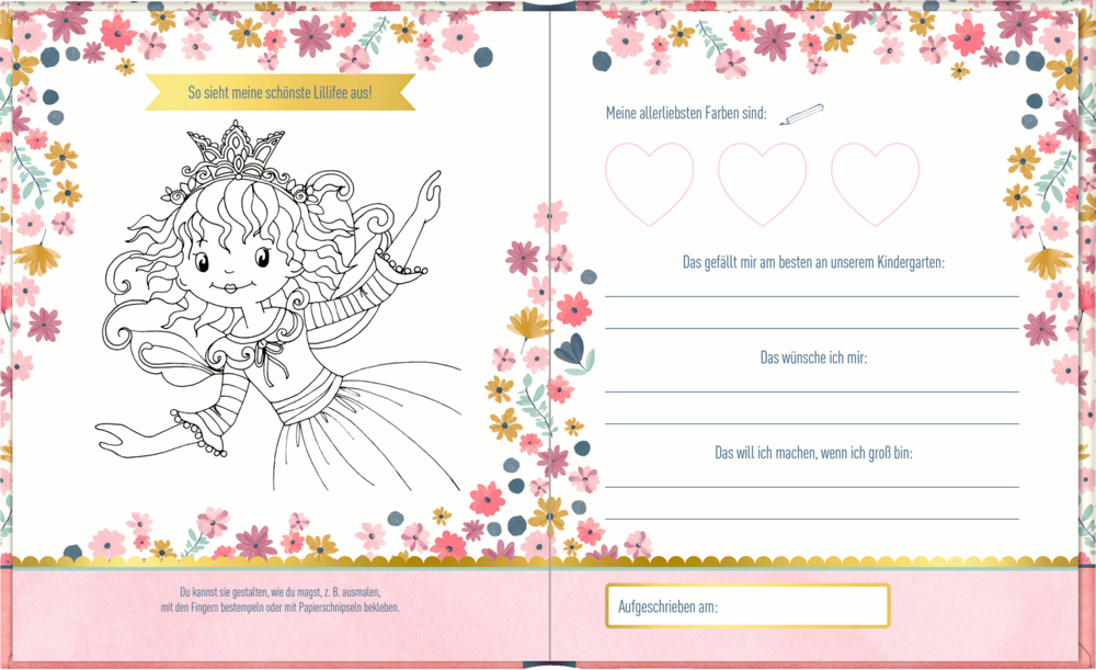 Cover: Feenmädchen in einem rosa Tutu umgeben mit Blumen, oben in Goldschrift „Meine Kindergartenfreunde“.