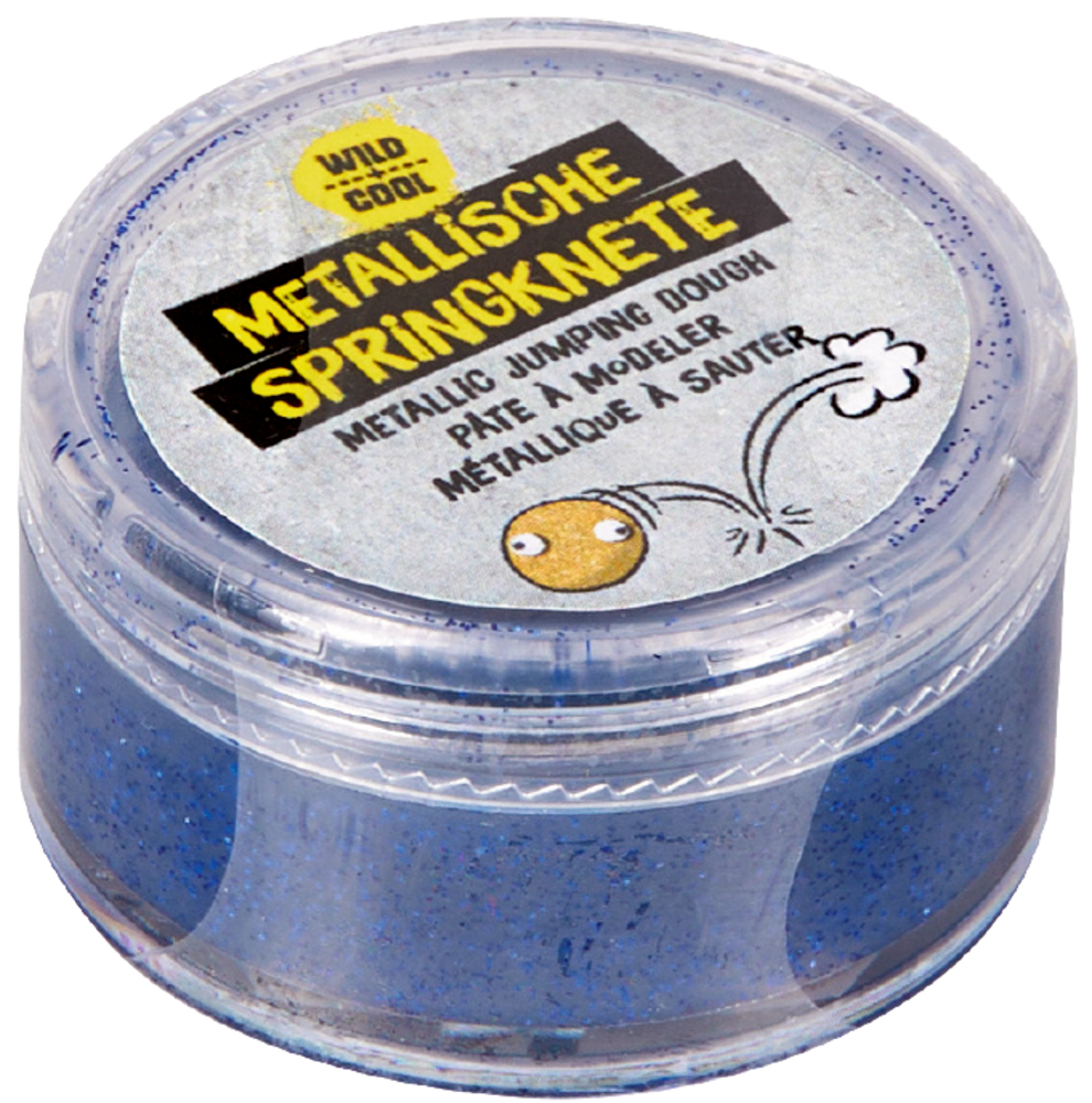 Runde Dose mit blauer, glitzernder metallischer Springknete und bedrucktem Deckel in mehreren Sprachen.