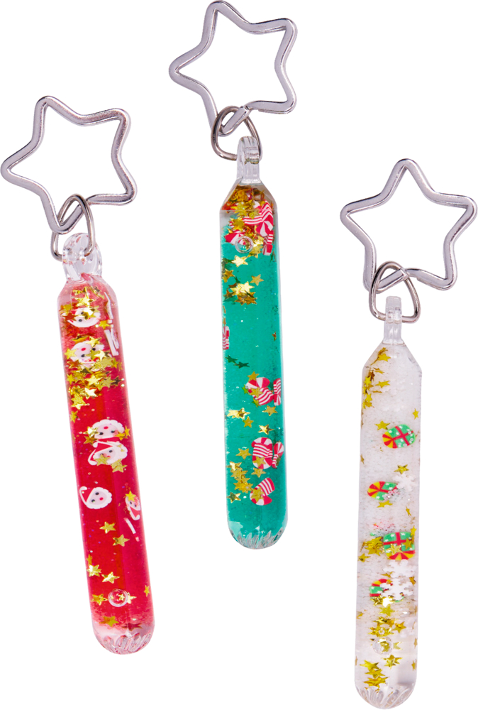 Drei Glitzer-Anhänger gefüllt mit weihnachtlichen Motiven und goldenen Sternen in unterschiedlichen Farben, jeweils mit sternförmigem Metallanhänger.