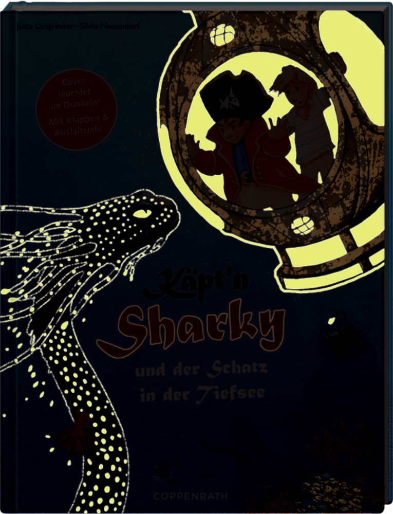 Kinder in einem U-Boot beobachten ein leuchtendes Meerestier; Nachtleuchtende Bereiche des Covers von Käptn Sharky und der Schatz in der Tiefsee.