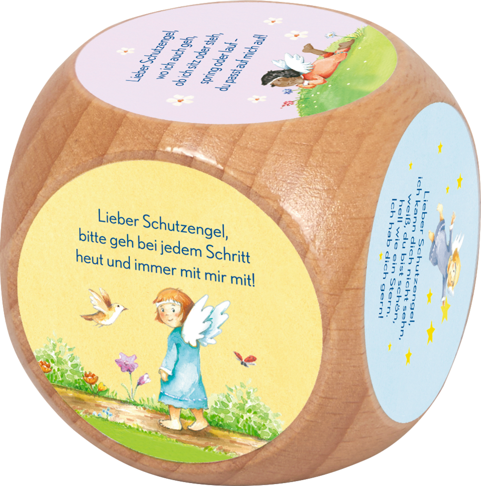 Gebetswürfel: Behüte mich, lieber Schutzengel (Himmelsbote) Gebetswürfel aus Holz mit Gebeten und Abbildungen von Engeln und Kindern auf jeder Seite.