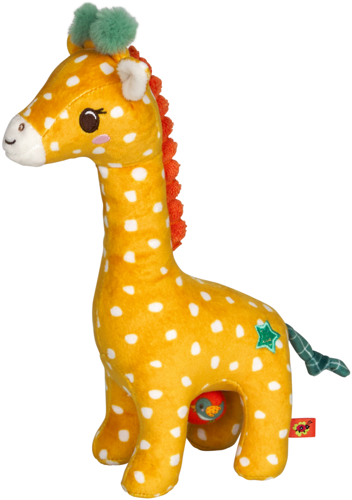 Gelbe Stoffgiraffe mit weißen Punken und orangener Mähne.