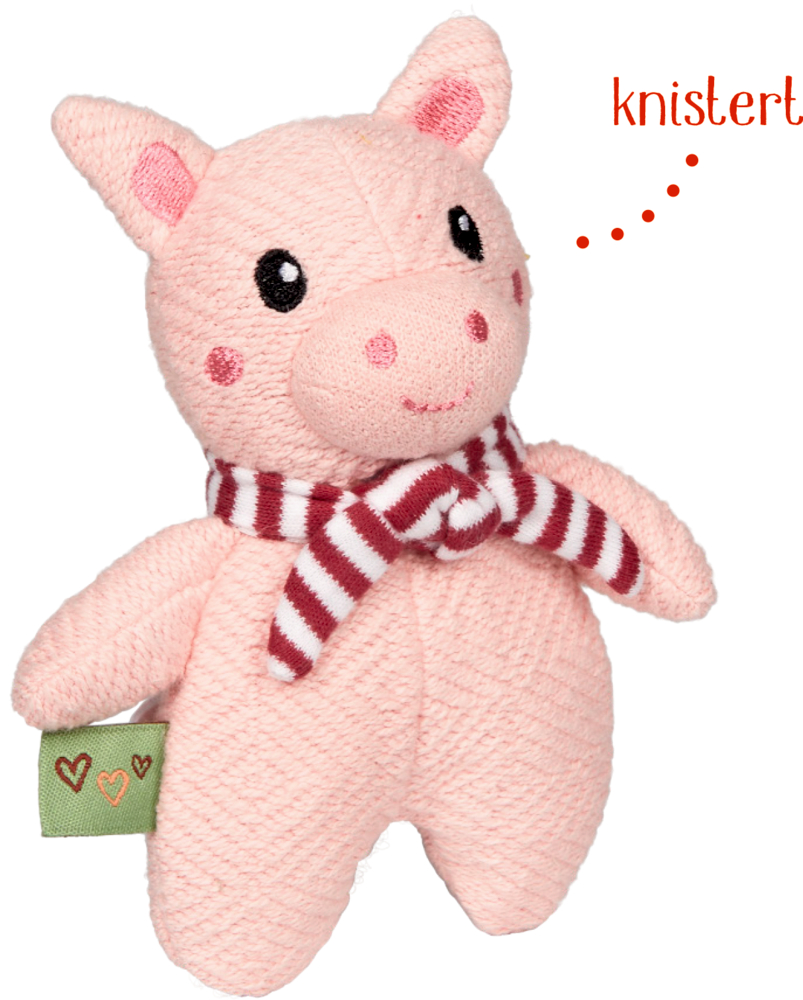 Rosa Plüschschweinchen mit gestreiftem Schal und dem Text "knistert".