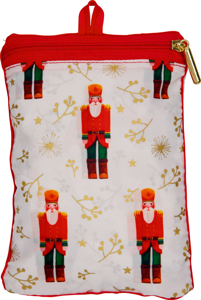 Einkaufsbeutel verstaut in kleiner Vordertasche. Oben mit Reißverschluss und Anhängeschlaufe.