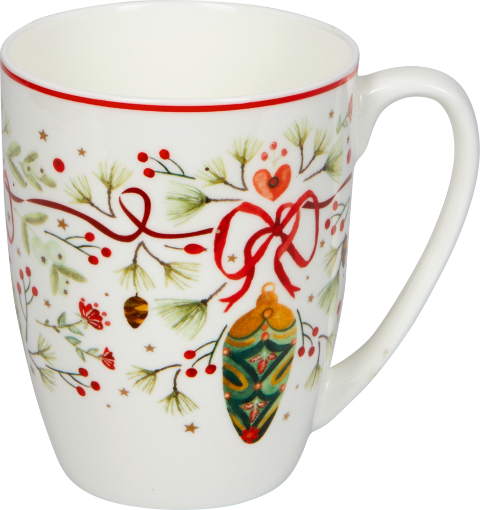 Weiße Tasse mit rotem Rand, verziert mit Weihnachtsschmuck, Bändern und festlichem Grün.