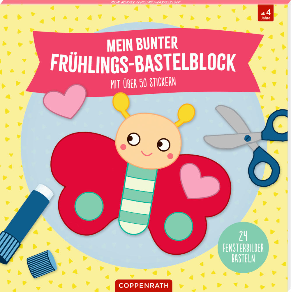 Buntes Cover mit lächelndem Schmetterling, Herzen, Schere, Klebestift und Bastelmaterialien.