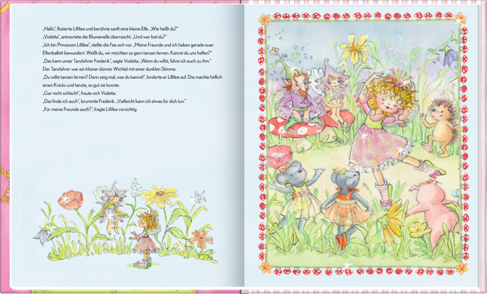 Prinzessin Lillifee in einem rosa Kleid tanzt in einem Garten, umgeben von Tieren und fröhlich lächelnden Mäusen.