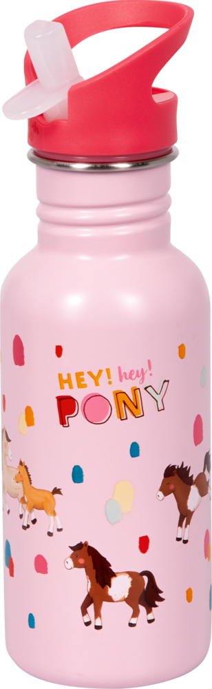 Edelstahlflasche - Mein kleiner Ponyhof Rosa Wasserflasche mit pinkem Deckel, Strohhalm, Pony-Illustrationen und dem Text „HEY! Hey! PONY“.
