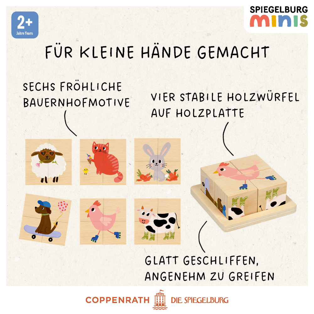 Darstellung der möglichen Puzzlevarianten: Schaf, Katze, Hase, Hund, Huhn, Kug.