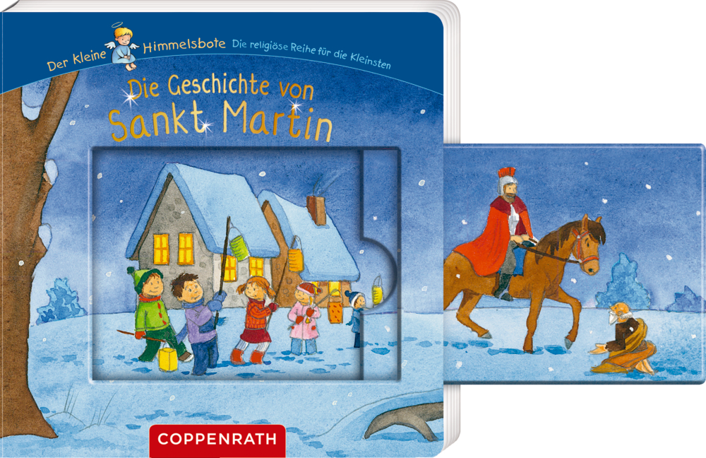 Titelseite von "Die Geschichten vom Sankt Martin" Kinder und Haus im Schnee und St. Martin teilt auf dem Pferd seinen Mantel mit einem Bettler mit Schieber.