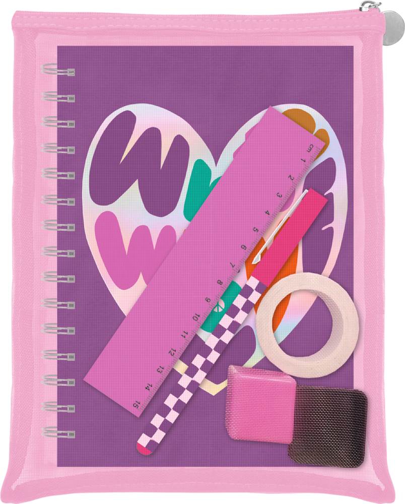 Schreib-Set: Write with love Rosafarbene Tasche mit Reißverschluss, die ein Notizbuch, zwei Lineale, Klebeband und zwei kleine Innentaschen enthält.