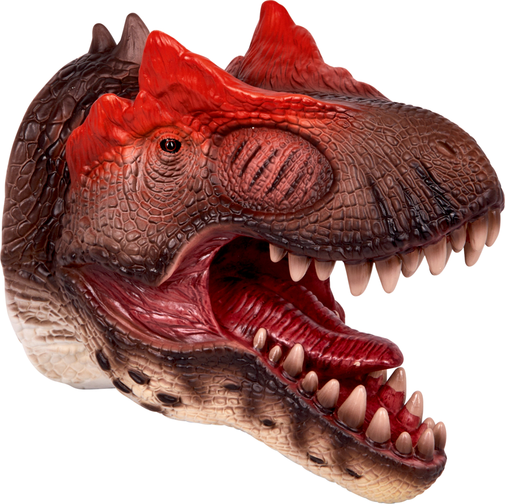 Handpuppe Allosaurus - T-Rex World Spielzeug-Dinosaurierkopf mit offenem Maul, scharfen Zähnen und den Farben Rot, Braun und Beige.