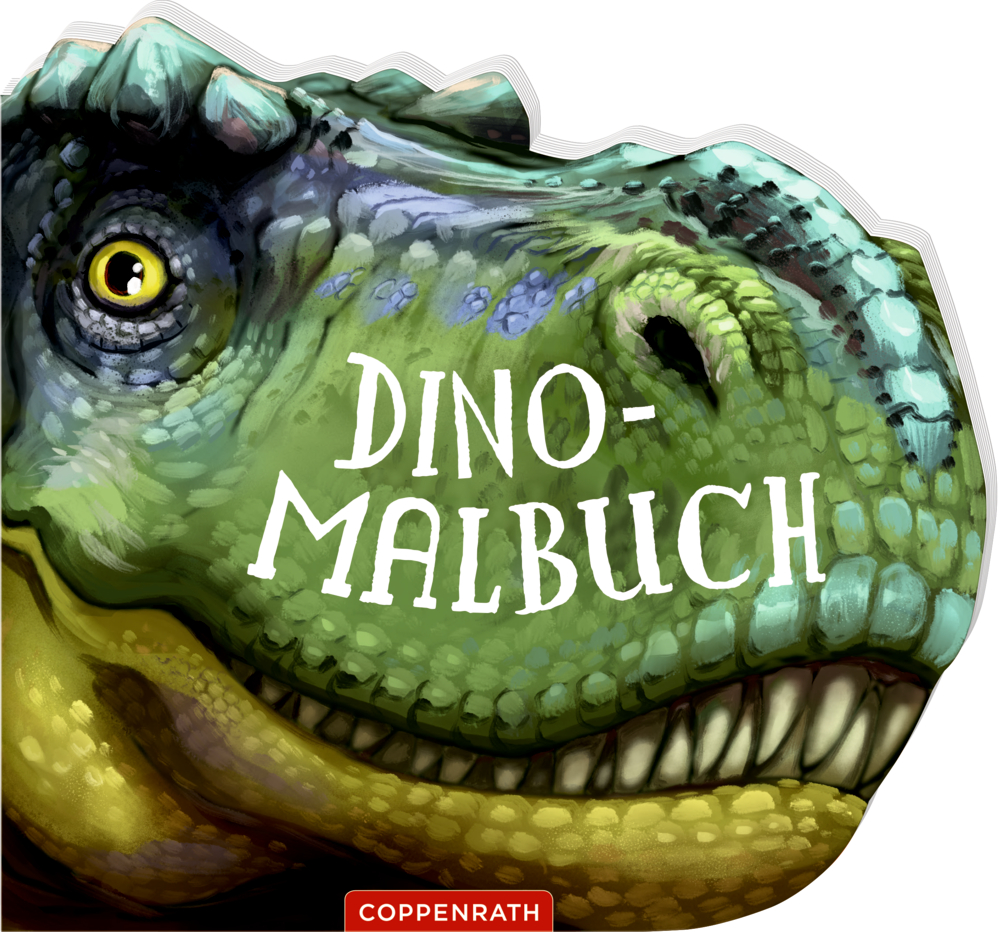 Dino-Malbuch - T-Rex World Illustration eines grünen Dinosaurierkopfes mit der Aufschrift „Dino-Malbuch“ auf dem Cover.
