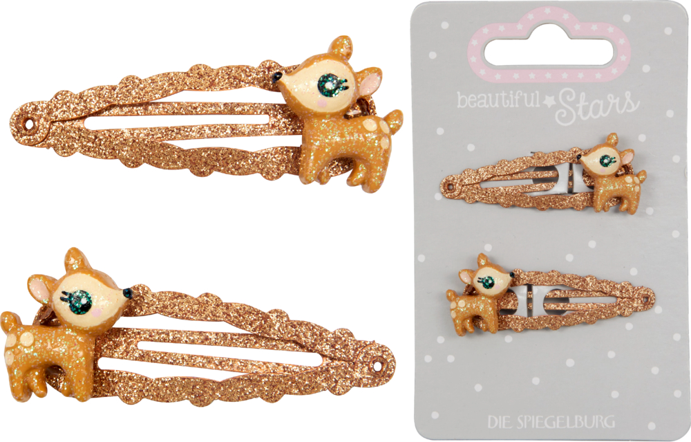Set aus zwei funkelnden Glitzer-Haarspangen in Bronze mit hellbraunen Reh, lose und auf einer Displaykarte abgebildet.