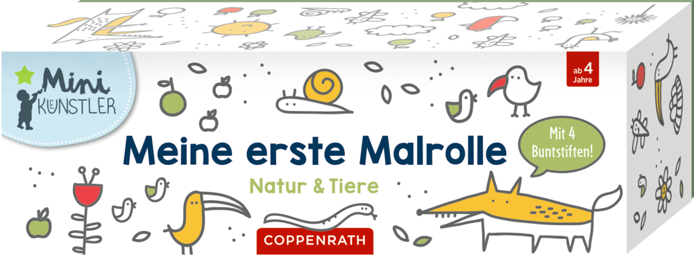 Meine erste Malrolle - Natur & Tiere (Mini-Künstler) Bunte Box mit Tierkritzeleien und „Meine erste Malrolle – Natur & Tiere“ für Kinder ab 4 Jahren.