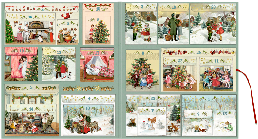 Adventskalender im viktorianischen Stil mit nummerierten Türen und festlichen Winterszenen für drinnen und draußen.