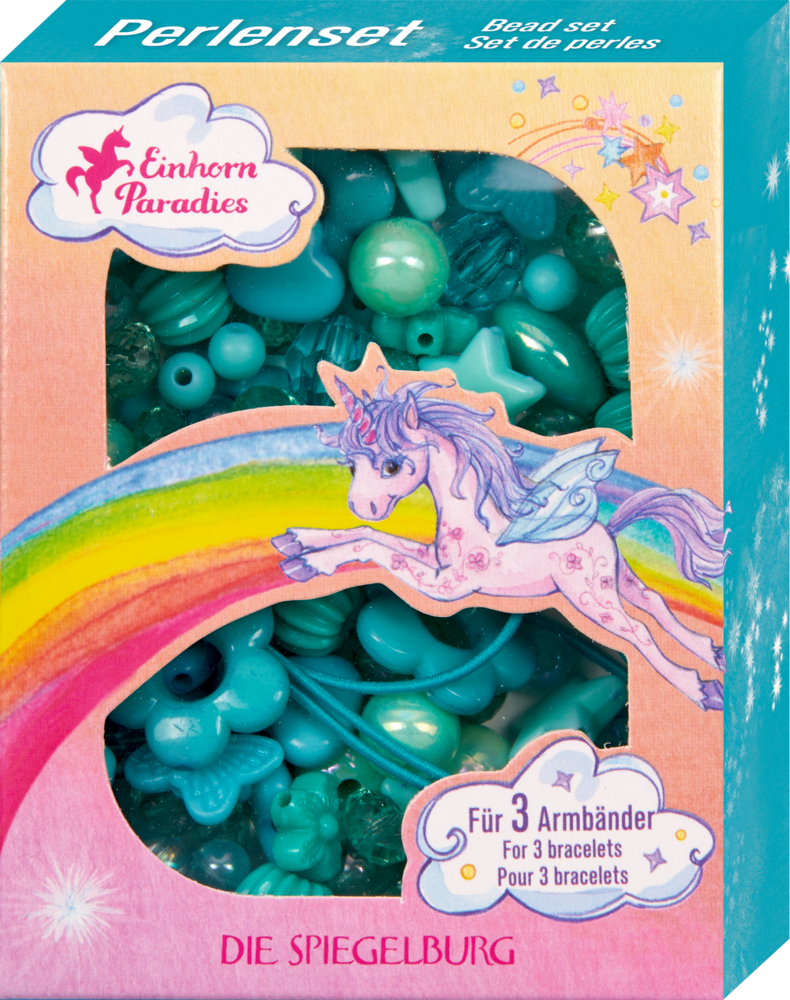 Perlenset Türkis - Einhorn-Paradies Perlenset-Box mit Einhorn, Regenbogen und Sternen zum Herstellen von 3 bunten Armbändern.