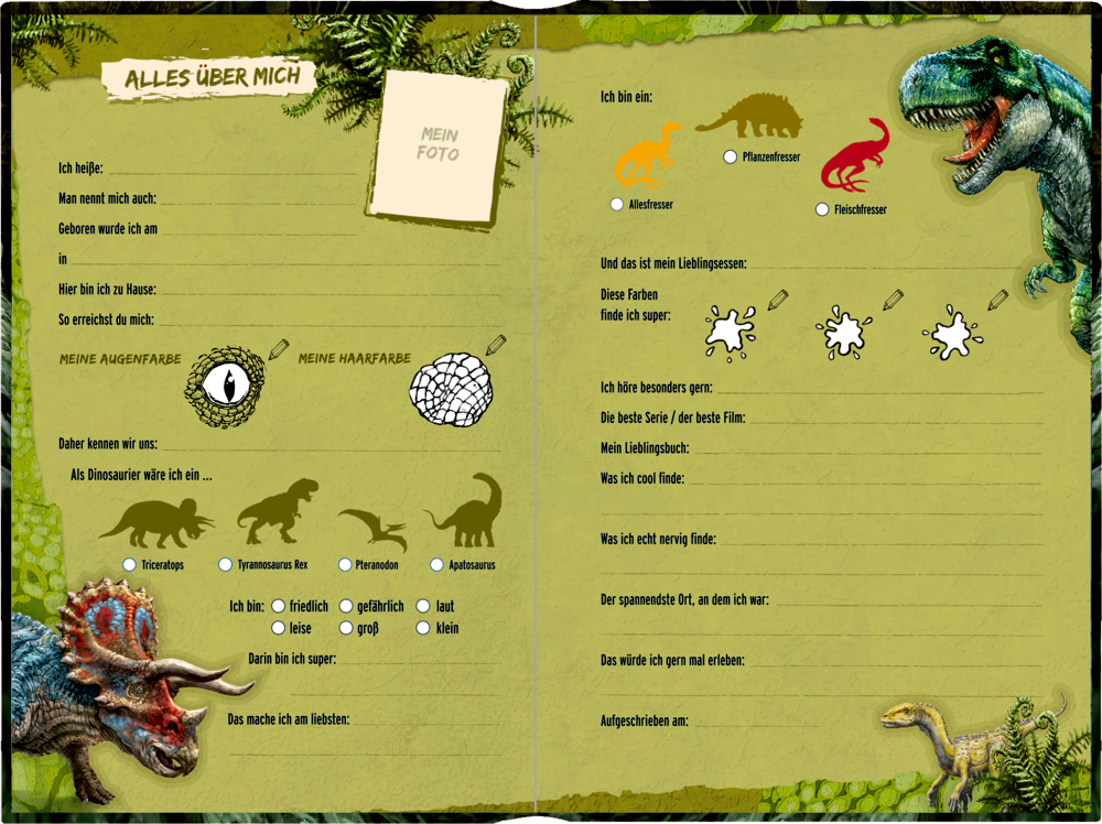 Doppelseitige Innenanicht: über mich zum Thema Dino mit Dinosaurier-Illustrationen und Lückentexten für Kinder zum Ausfüllen.