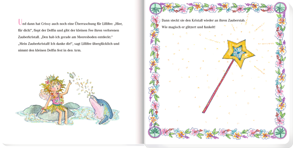 Links spielt die Fee mit dem Delphin, rechts einen glitzernden Zauberstab mit sternförmiger Spitze, auf einer Doppelseite mit Text.