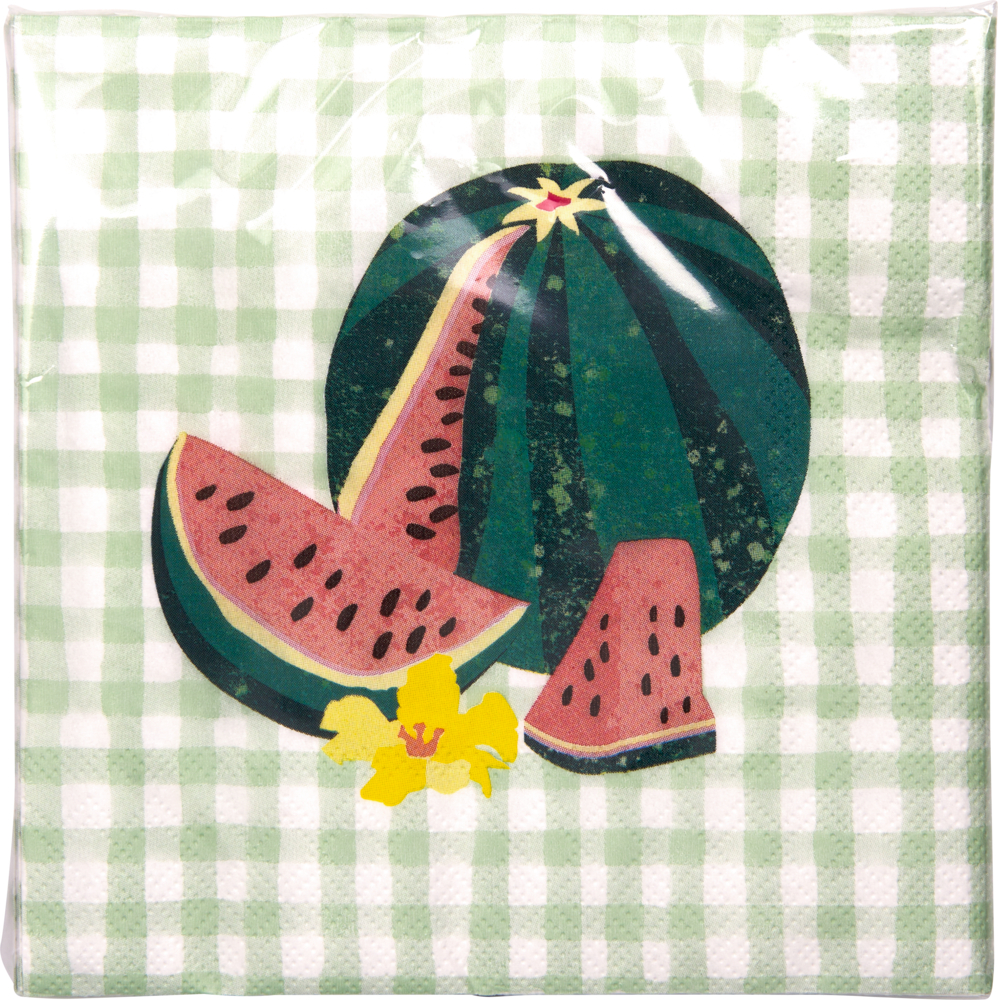 Wassermelone und Scheiben mit gelber Blume auf grün-weiß kariertem Untergrund.