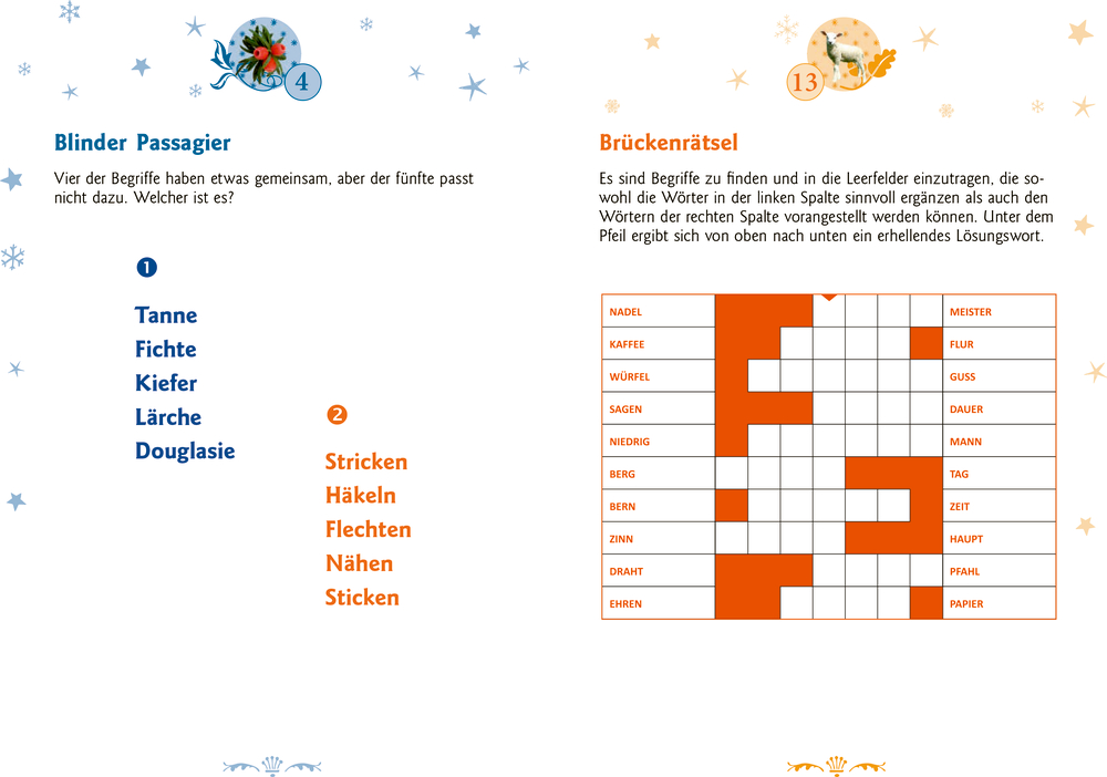  Worträtselseite mit Wortlisten und ein Kreuzworträtselgitter auf Weiß, akzentuiert mit Blau und Orange.