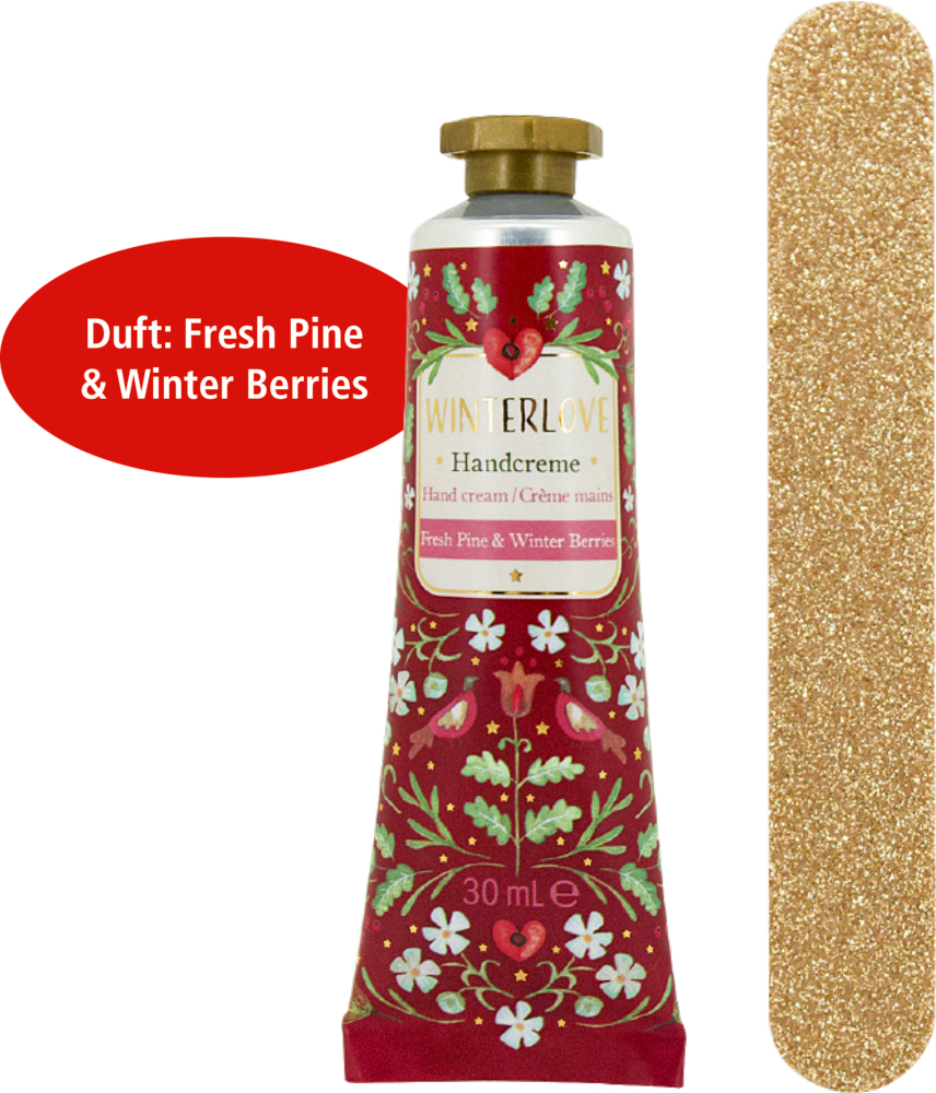 Winterlove-Handcreme (rote Tube, Blumenmuster) und goldene Nagelfeile. Duft: Frische Kiefer und Winterbeeren.