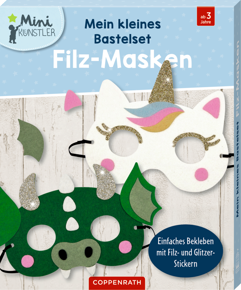 Box zeigt Filzmasken von Einhorn und Drache, mit bunten Dekorationen sowie Stickern.