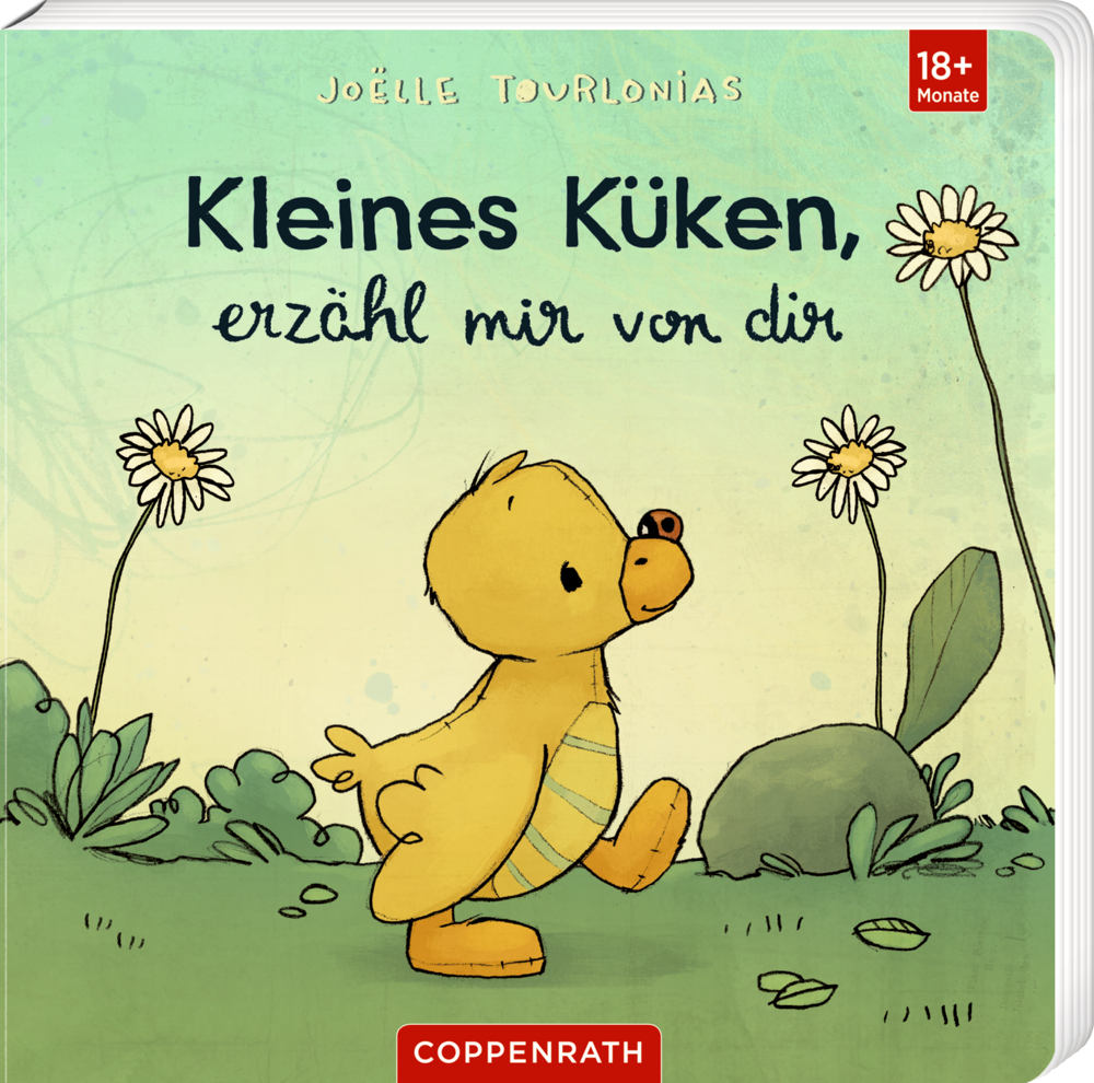 Kleines Küken, erzähl mir von dir (J. Tourlonias) Gelbes Entlein läuft über eine Wiese mit Blumen, auf dem Cover von Kleines Küken, erzähl mir von dir"","