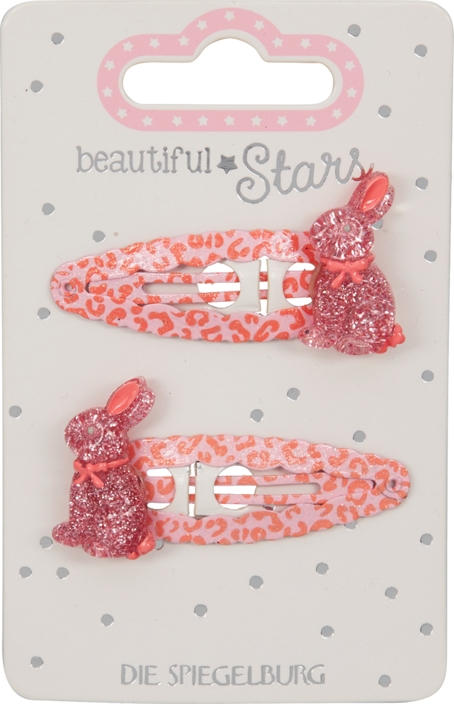 Zwei lilafarbene Haarspangen mit glitzernden Hasengesichtern und einer größeren passenden Hasenspange.