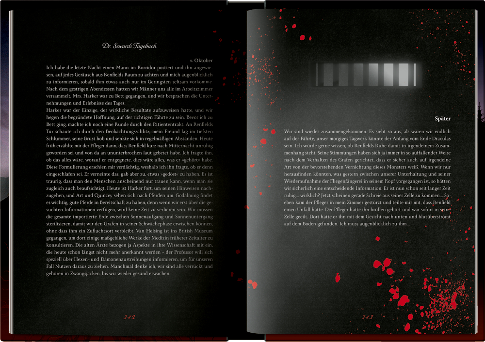 Zwei dunkle deutsche Buchseiten mit Blutspritzern; eine davon weist oben eine barcodeähnliche Grafik auf.