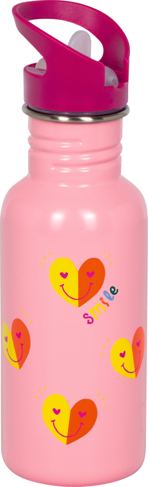 Pinke Wasserflasche mit herzförmigen Smileys und dem Wort smile, pinker Deckel mit Henkel.