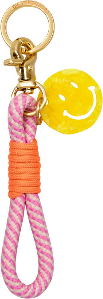 Rosa-weißes Seil-Schlüsselband mit goldfarbenem Metall und gelbem Smiley-Anhänger.