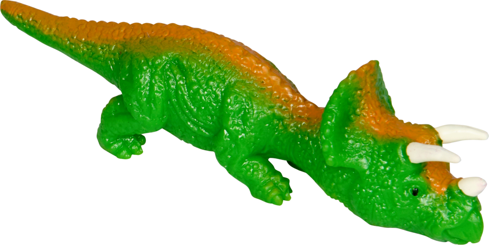 Grüner und orangefarbener Spielzeug-Triceratops mit drei weißen Hörnern auf dem Kopf.