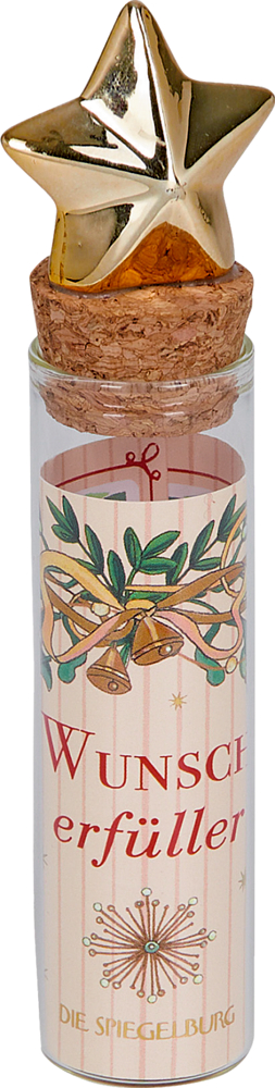 Glasröhrchen mit Korken und goldenem Stern, Etikett mit Zweigen, Schleifen und Glocken sowie dem Text „Wunscherfüller“.