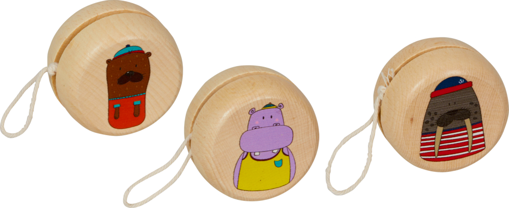 Holz-Jojo - Bunte Geschenke 3 hölzerne Jo-Jos mit Schnüren, jedes mit einer anderen Tierillustration: Bär, Nilpferd und Walross.