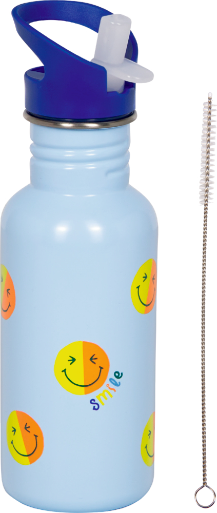 Hellblaue Wasserflasche mit Smiley-Gesichtern, blauem Deckel, Trinkhalm und Reinigungsbürste daneben.