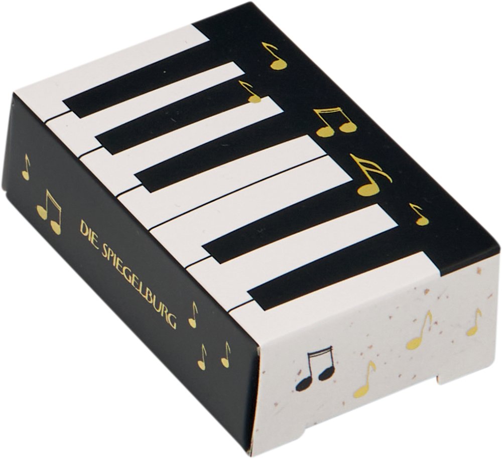 Rechteckige Box mit Klaviertastenmuster und goldenen Noten. An der Seite steht DIE SPIEGELBURG.