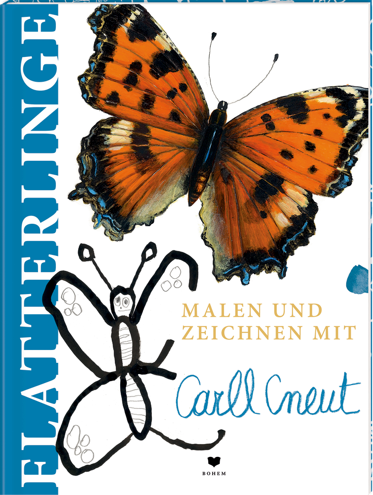 Flatterlinge Ein Schmetterlingsfoto über einer Schmetterlingszeichnung eines Kindes mit Text „Carll Cneut“ auf dem Cover.