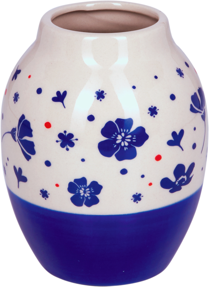 Keramikvase mit blauem Boden und blaum Blumenmuster sowie roten Punkten auf hellbeigem Hintergrund.