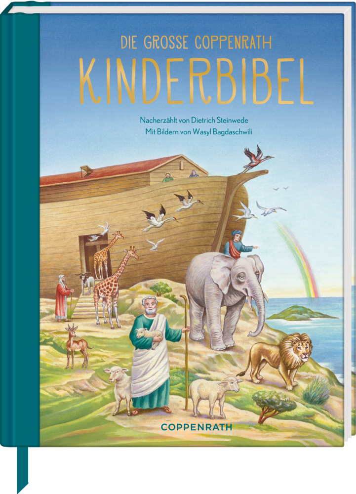 Die große Coppenrath Kinderbibel (Relaunch) Cover der Kinderbibel: Arche Noah mit Tieren, Menschen und einem Regenbogen im Hintergrund.