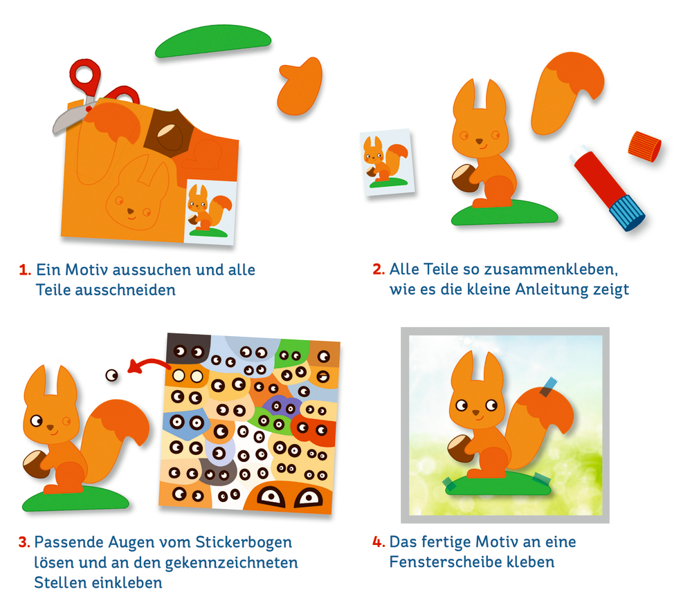Schritt-für-Schritt-Anleitung zum Basteln eines Eichhörnchens mit ausgeschnittenen Teilen, Aufklebern und Klebstoff.
