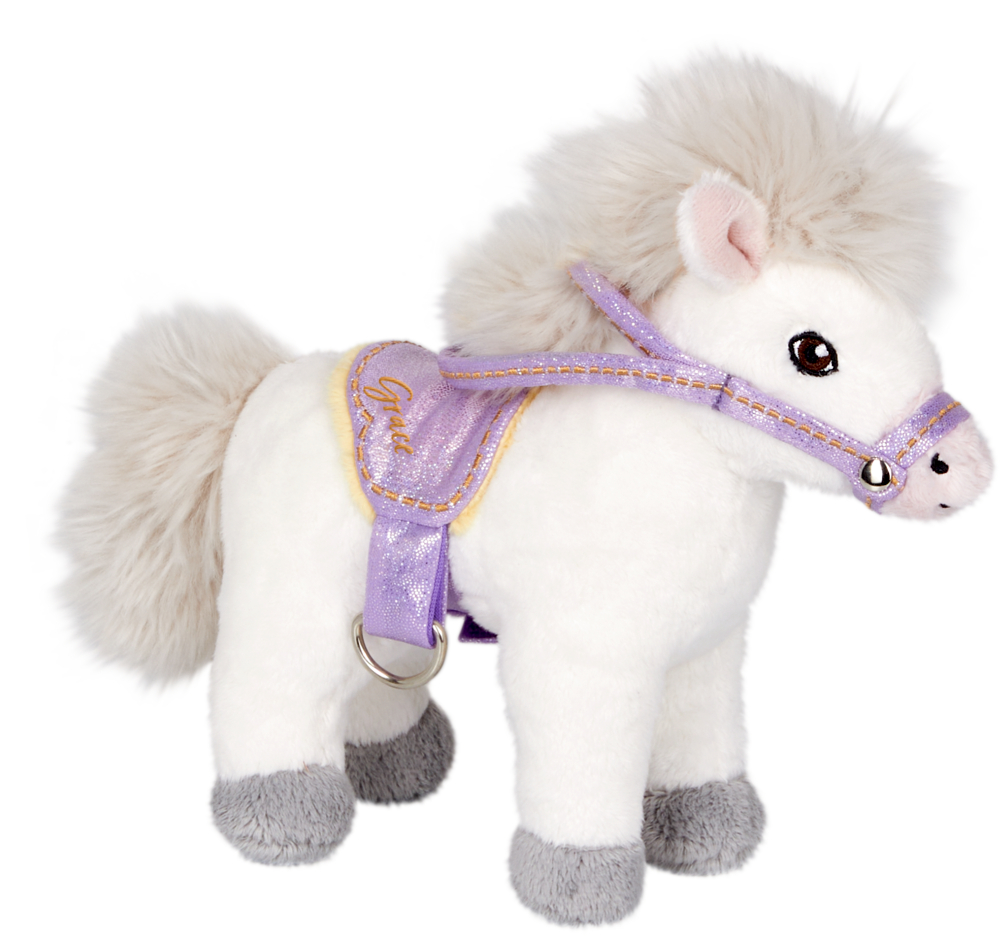Kleines Pferd Grace - Pferdefreunde Weißes Plüschpony mit flauschiger Mähne, lila Geschirr und Sattel.