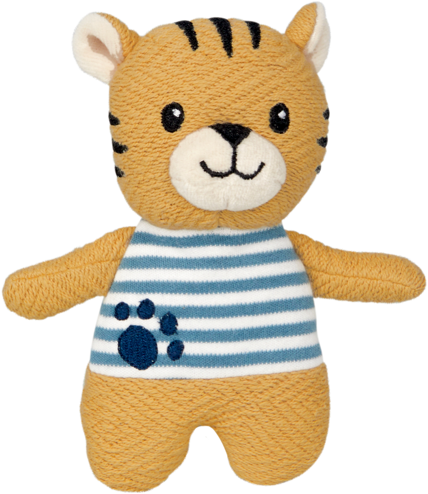 Knistertier Tiger - Little Wonder Plüschtiger im Streifenhemd mit aufgenähtem Lächeln und Pfotenabdruck auf der Seite.