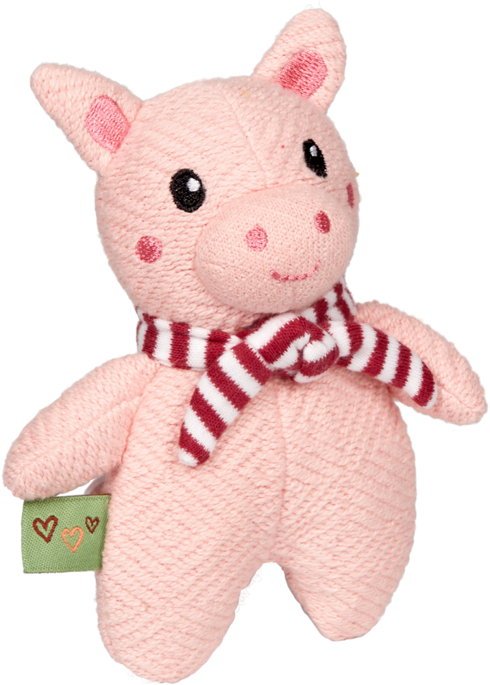 Rosa Plüschschweinchen mit rot-weiß gestreiftem Schal und grünem Etikett, das mit bunten Herzen verziert ist.