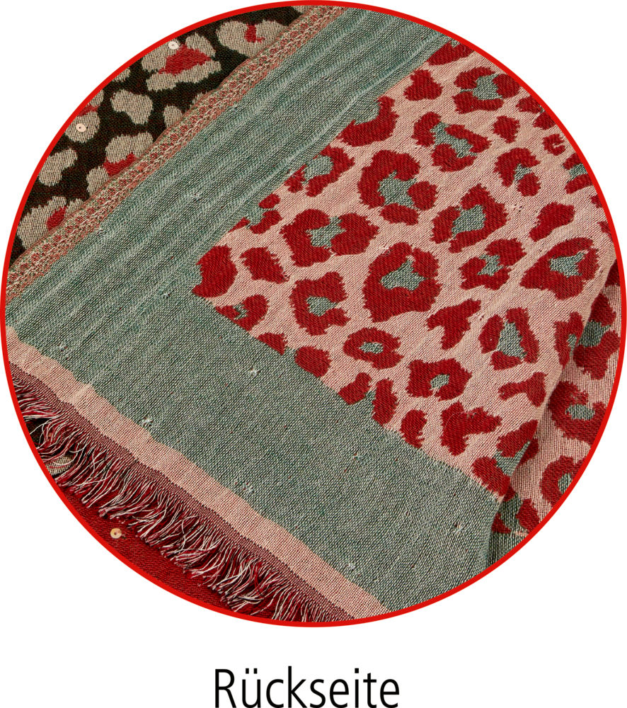 Nahaufnahme eines Stoffes mit rot-grauen Leopardenmuster und Fransenkanten, beschriftet mit „Rückseite“.