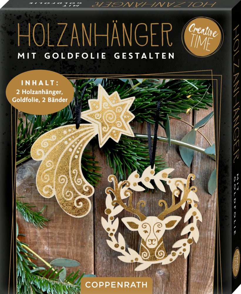 Schachtel mit Weihnachtsschmuck aus Holz zum Dekorieren – enthält ein Rentier und eine Sternschnuppe mit goldenen Akzenten.