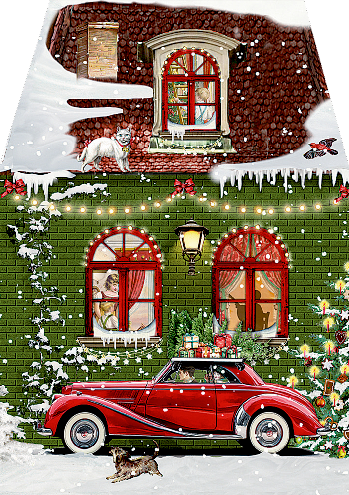 Rotes Auto mit Geschenken vor grünem Haus im Schnee, Menschen an Fenstern, Katze auf Dach, Hund im Vordergrund, geschmückter Weihnachtsbaum.