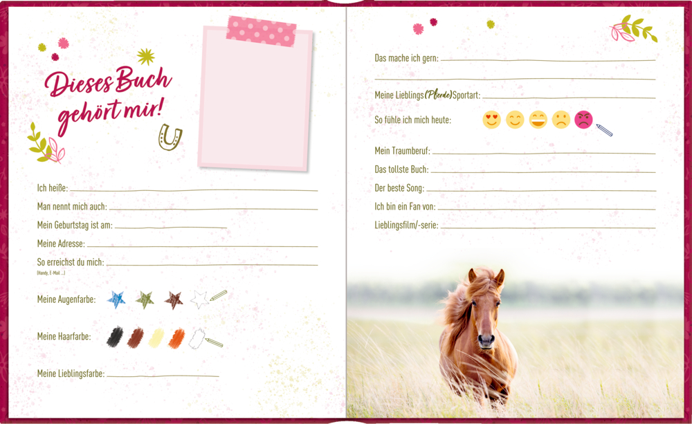 Freundebuchseiten mit Ausfüllfeldern und einem Foto eines braunen Pferdes auf einer grünen Wiese.