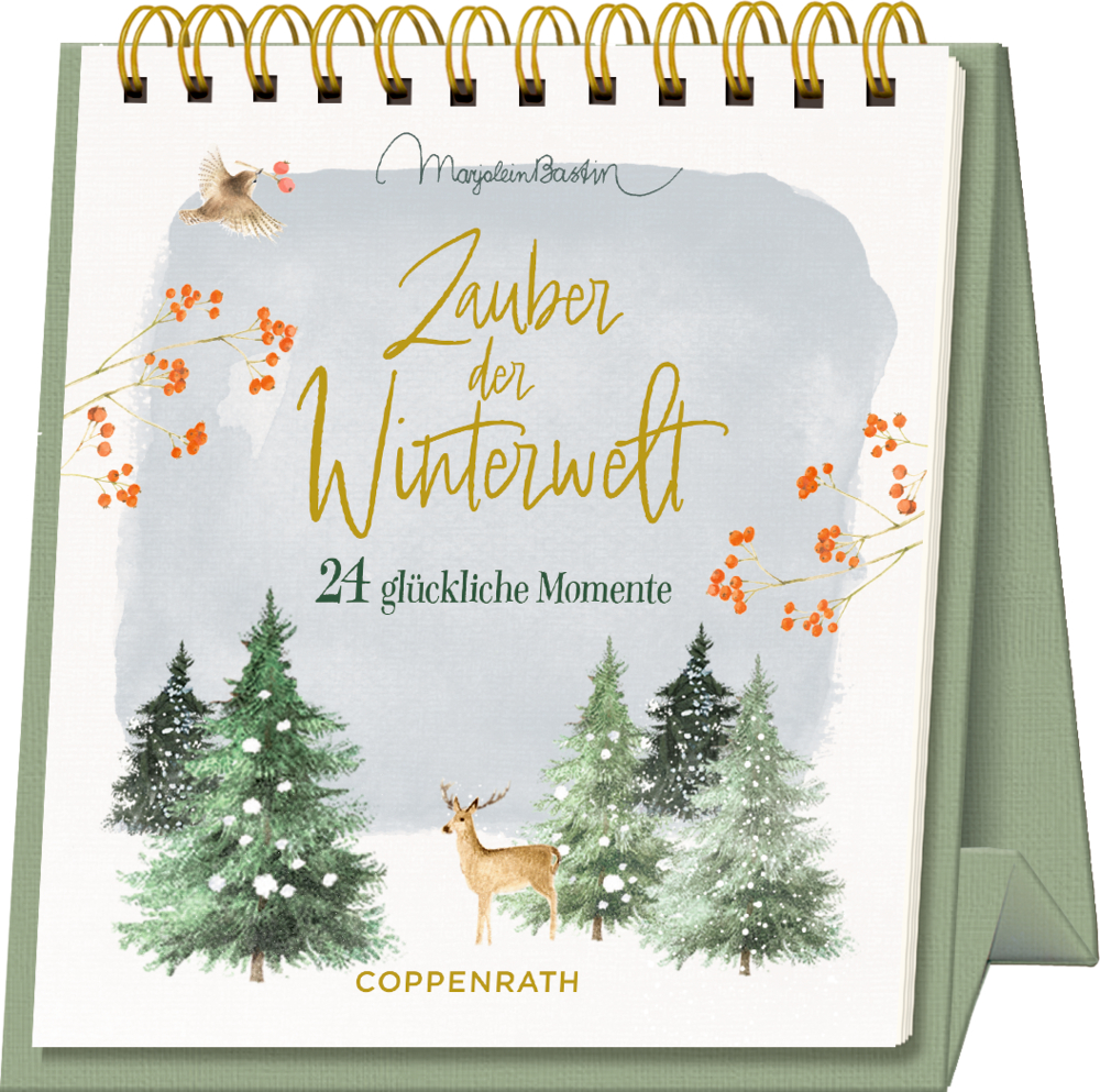 Spiralförmiger Tischkalender mit Winterbäumen, einem Hirsch, einem Vogel und Text über 24 freudige Wintermomente.